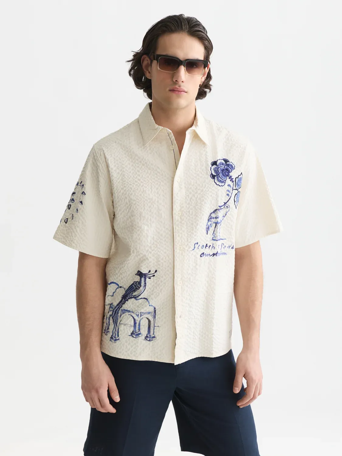 SCOTCH AND SODA - Delfts Blauw worked-out relaxed-fit short-sleeved shirt