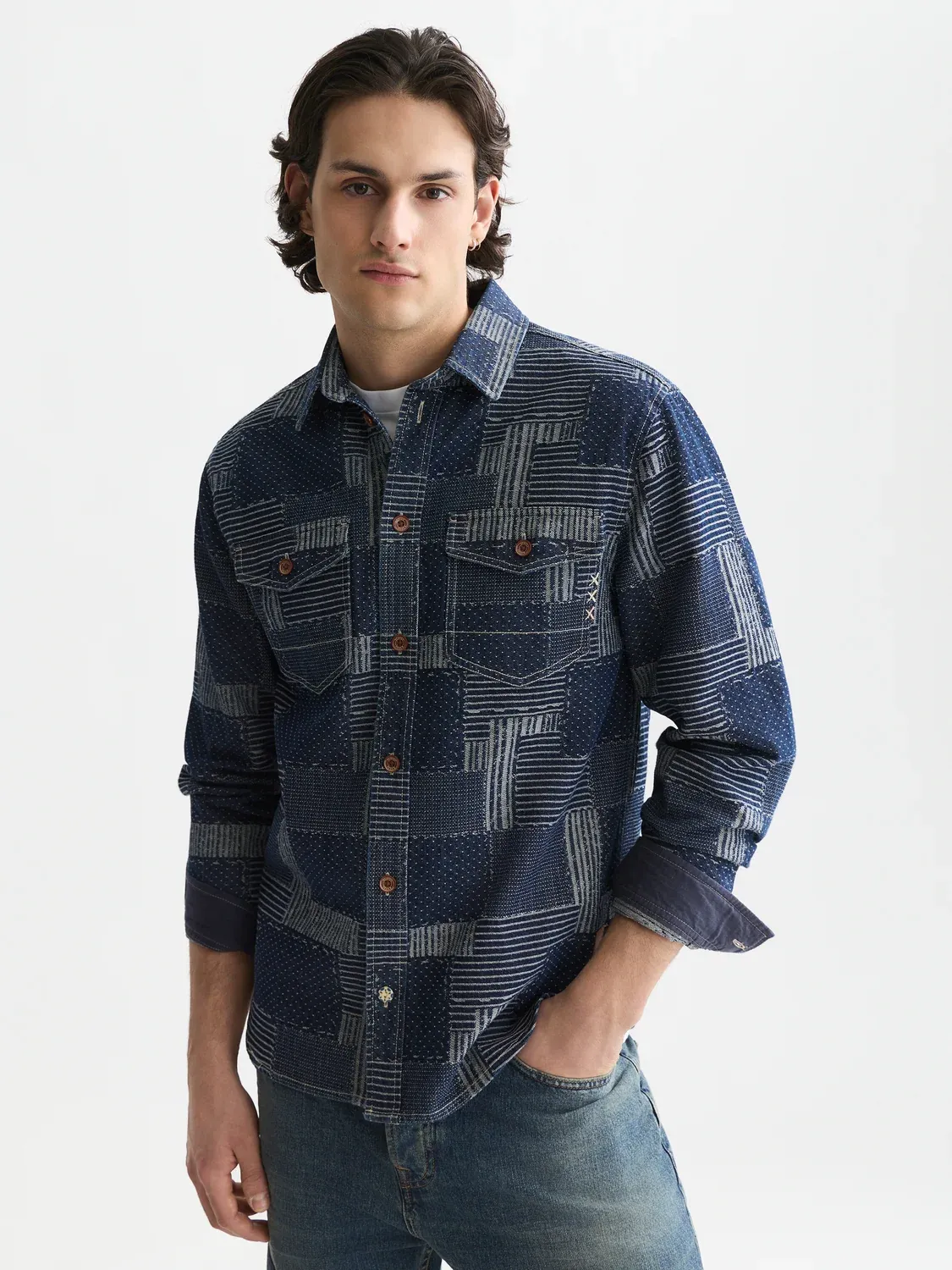 SCOTCH AND SODA - Denim patchwork relaxed-fit overshirt 